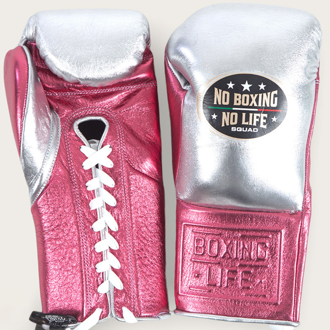 No Boxing No Life Pink/Silver Professional Training Boxing Gloves | Customizable