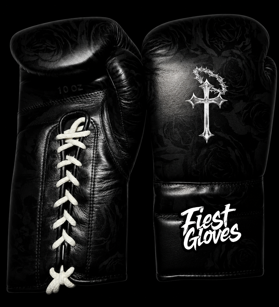 Fiest Winning Style Boxing Gloves Black Top-Grade Leather Lace-Up