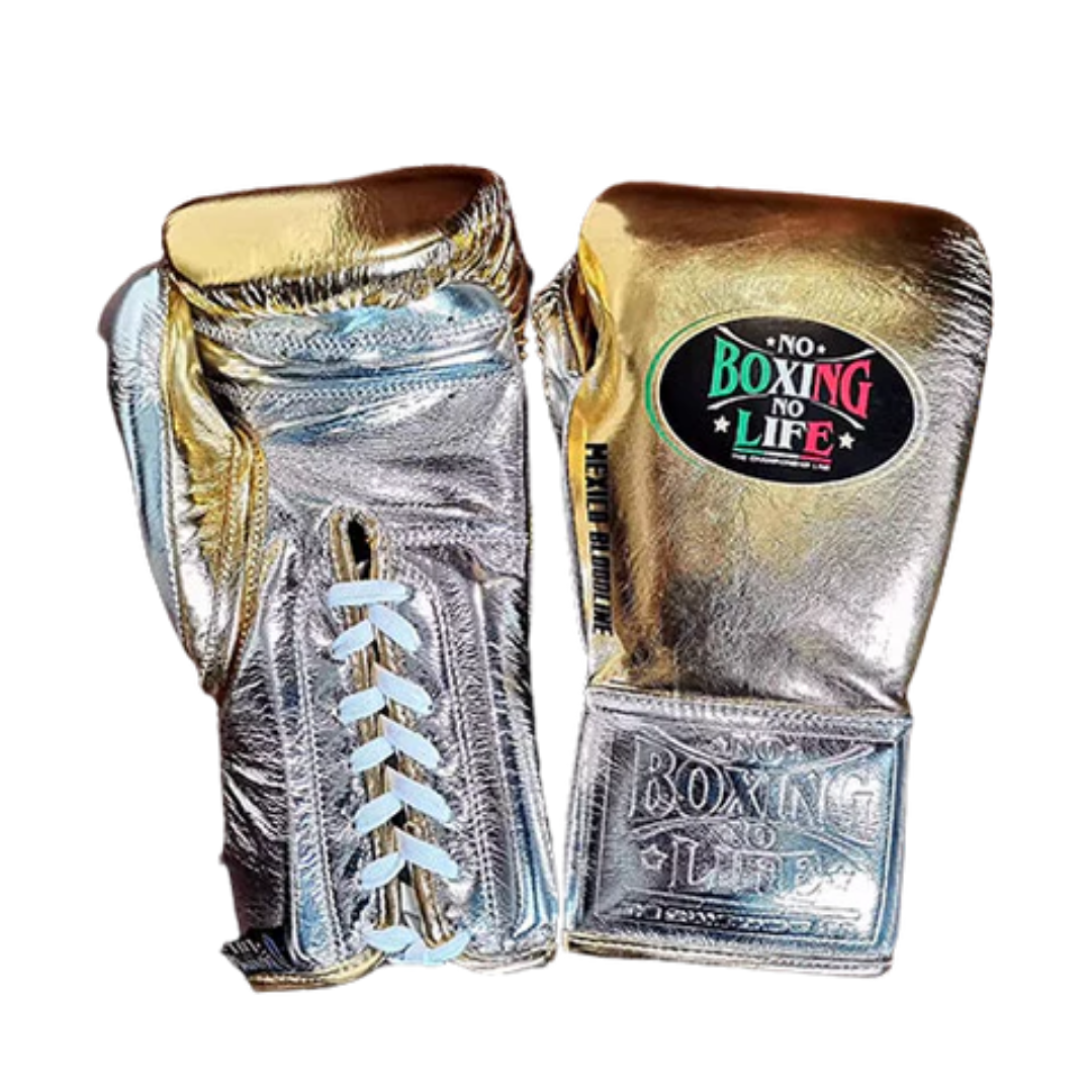 No Boxing No Life Boxing Gloves Gold/Silver Lace-Up 14oz