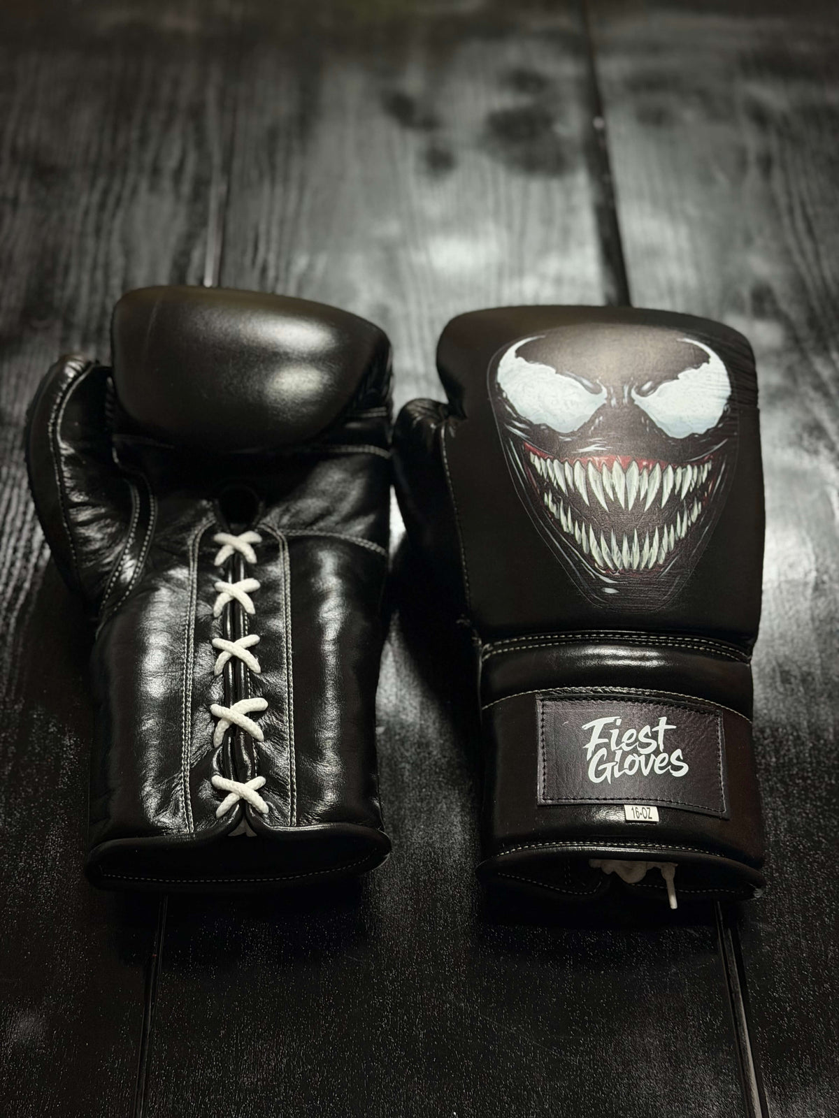 Fiest Winning Venum Style Boxing Sets Black Leather Gloves Front View