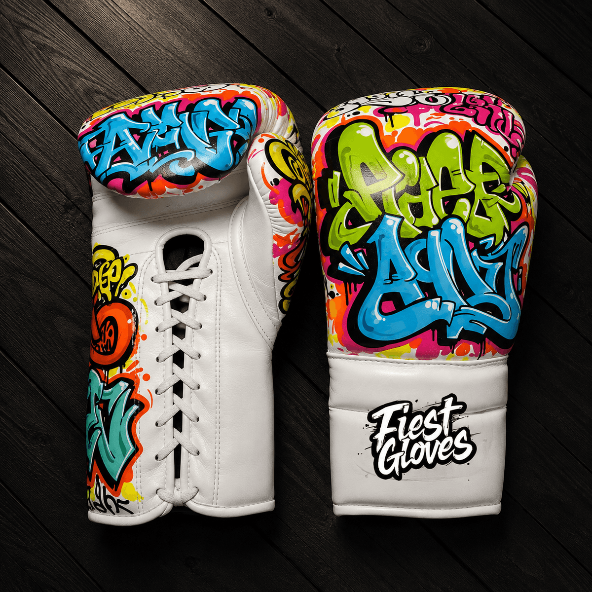 Fiest Winning Style Boxing Gloves White/Grafitti Style Lace Up Leather Gloves for Training