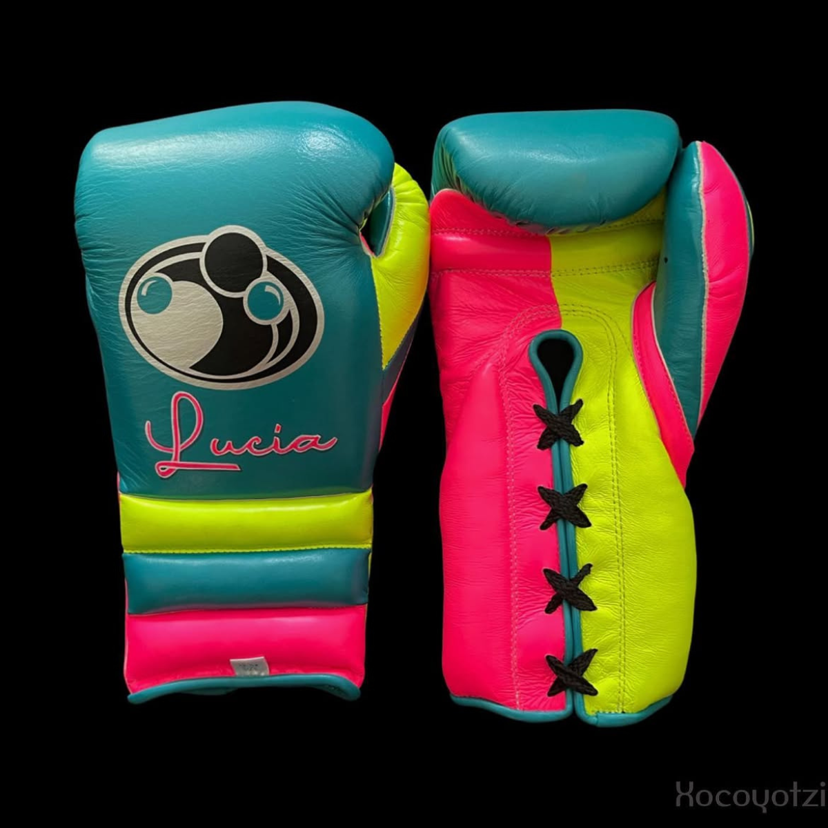 Grant Boxing Gloves Green/Yellow/Pink Leather Training Gloves for Sparring