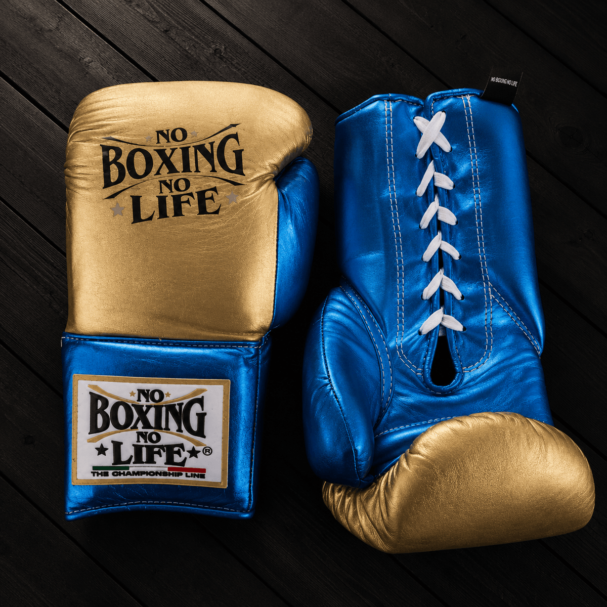 No Boxing No Life Gloves Gold/Blue Padded Leather Gloves for Heavy Bag Work