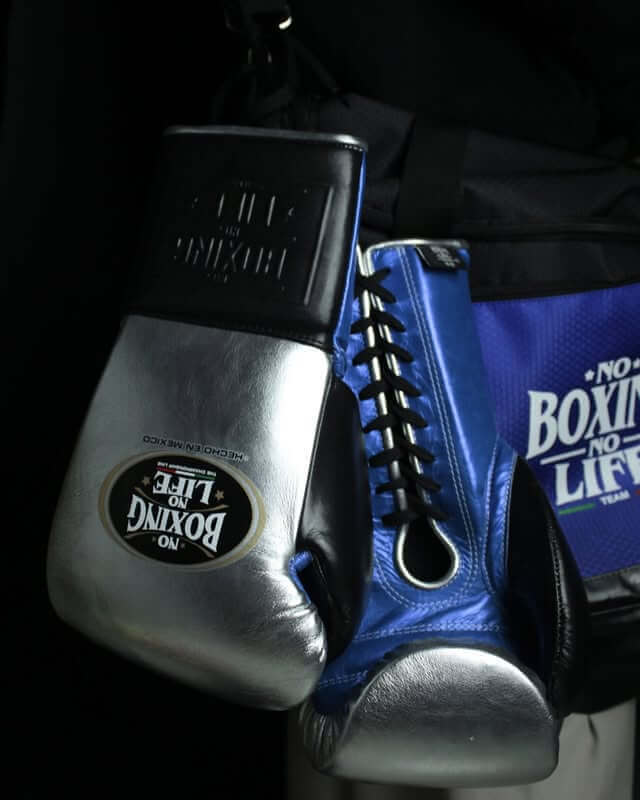 No Boxing No Life Gloves Silver/Blue/Black Lace Up Leather Gloves for Training