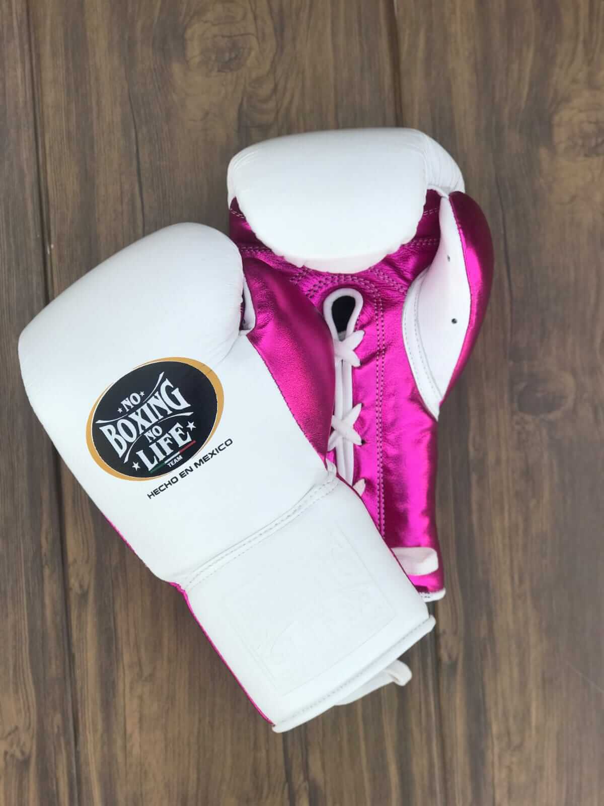 No Boxing No Life Gloves White/Pink Padded Leather Training Gloves Front View