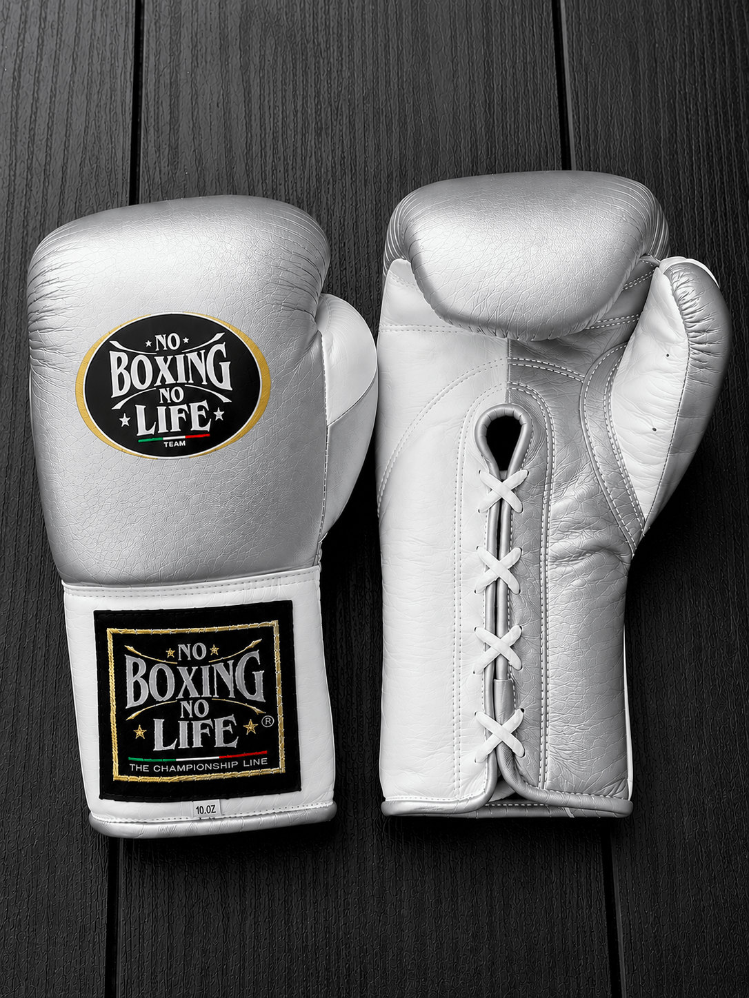 No Boxing No Life Boxing Gloves Silver/White Secure Fit Leather