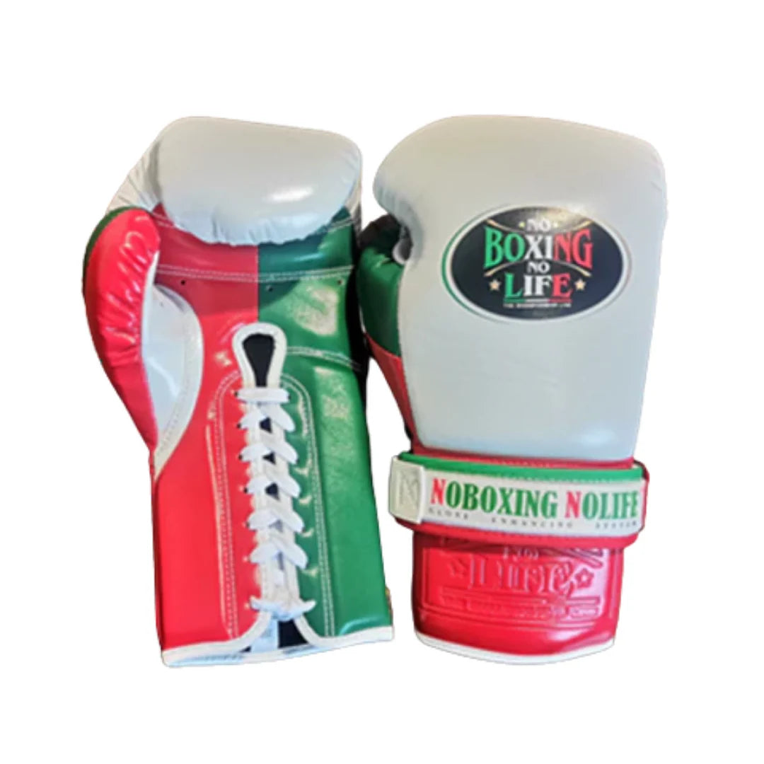 No Boxing No Life Gloves White/Red/Green Lace Up Leather Gloves for Training