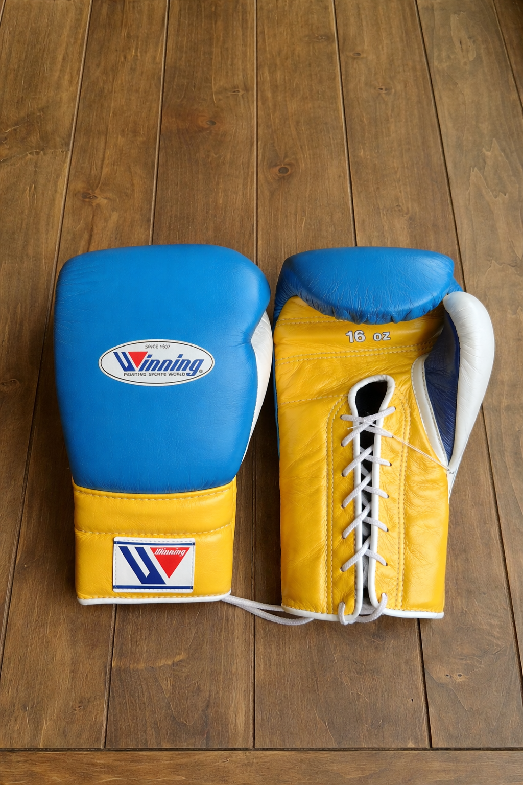Winning Boxing Gloves Blue/Yellow/White Padded Leather Gloves for Heavy Bag Work