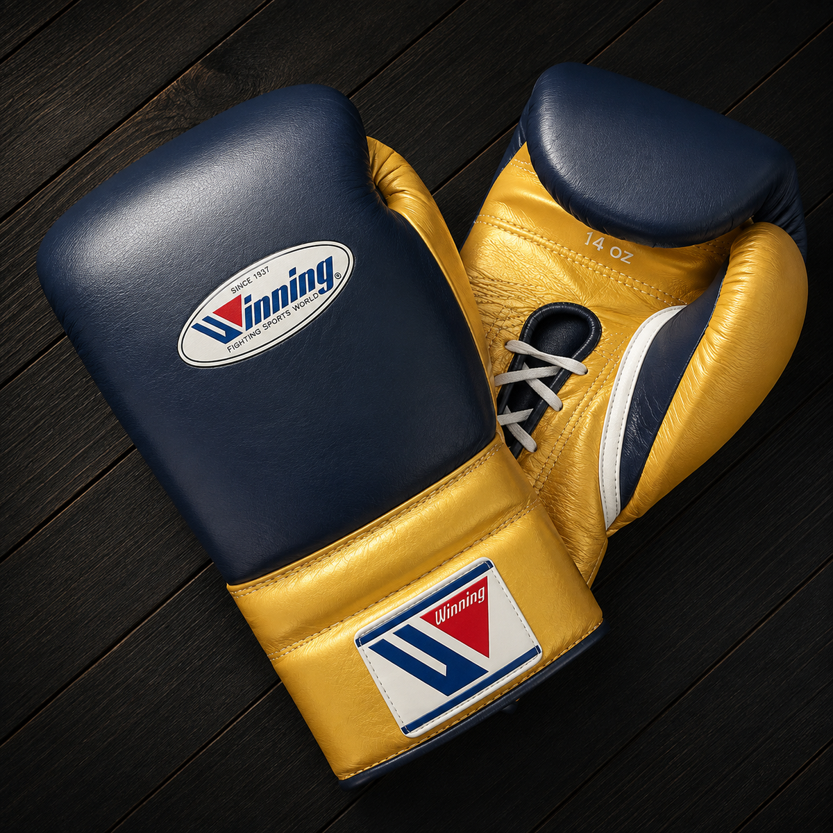 Winning Boxing Gloves Dark-Blue/Gold Curved Leather Gloves for MMA Training