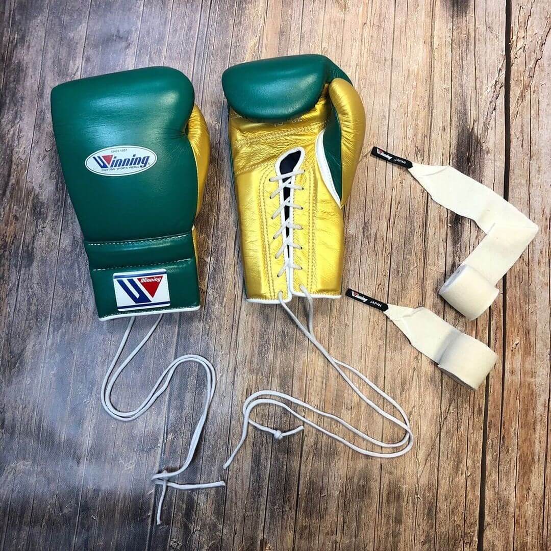 Winning Boxing Gloves Green/Gold Curved Leather Gloves for Combat Training