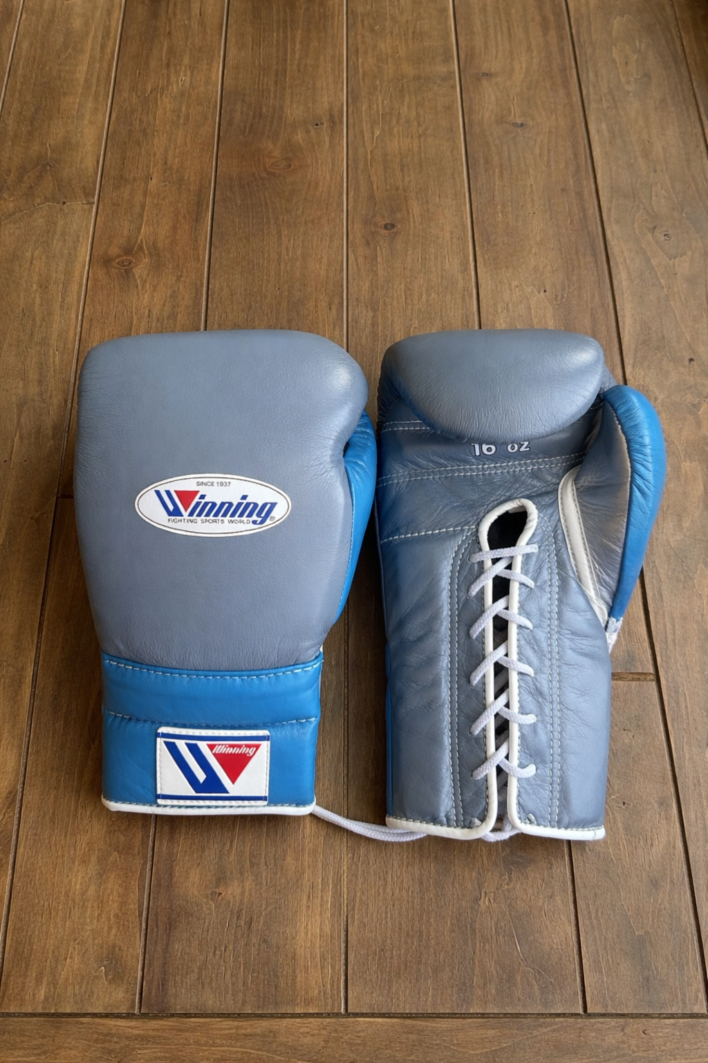Winning Boxing Gloves Grey/Blue Leather Gloves for Pad Work