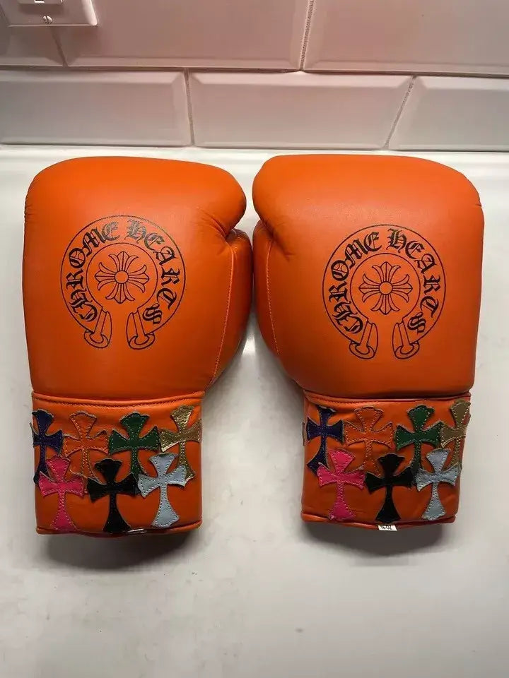 Winning Boxing Gloves Orange Chrome Heart Padded Leather Training Gloves