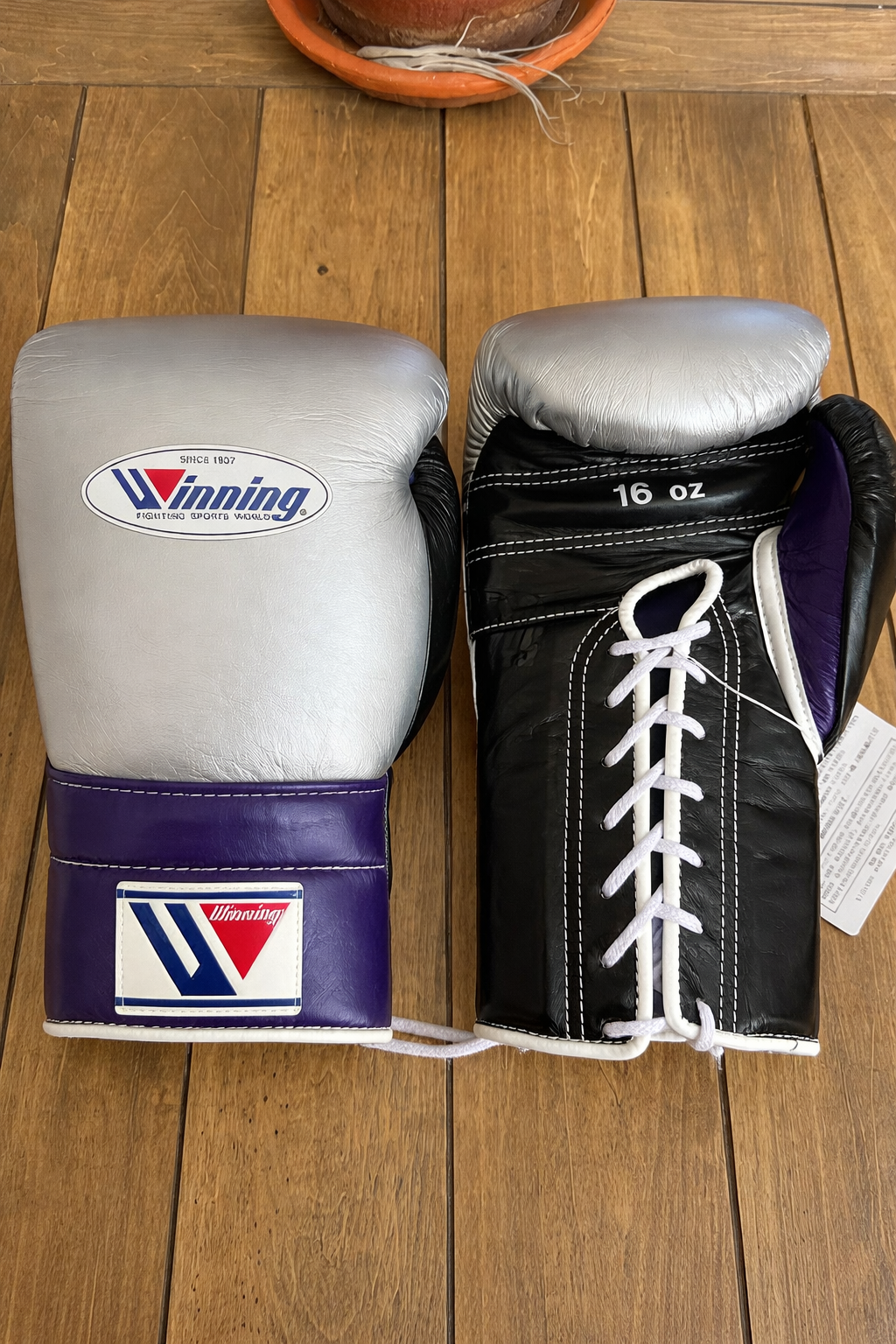 Winning Boxing Gloves Silver/Black/Purple Padded Leather Gloves for Heavy Bag Work