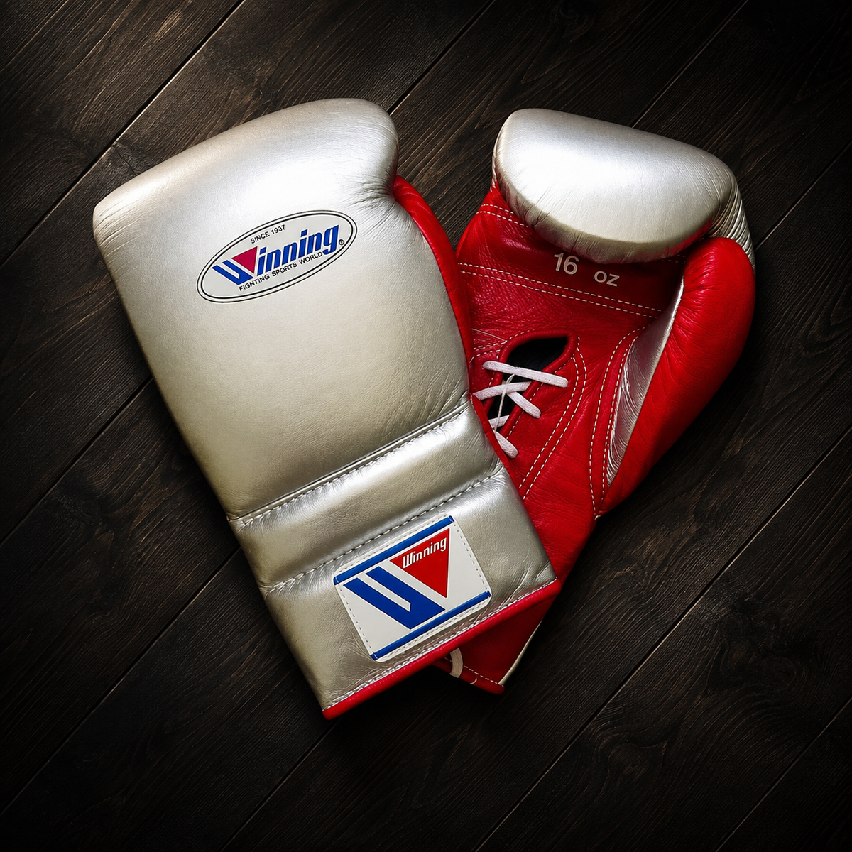 Winning Boxing Gloves Silver/Red Padded Leather Gloves for Muay Thai