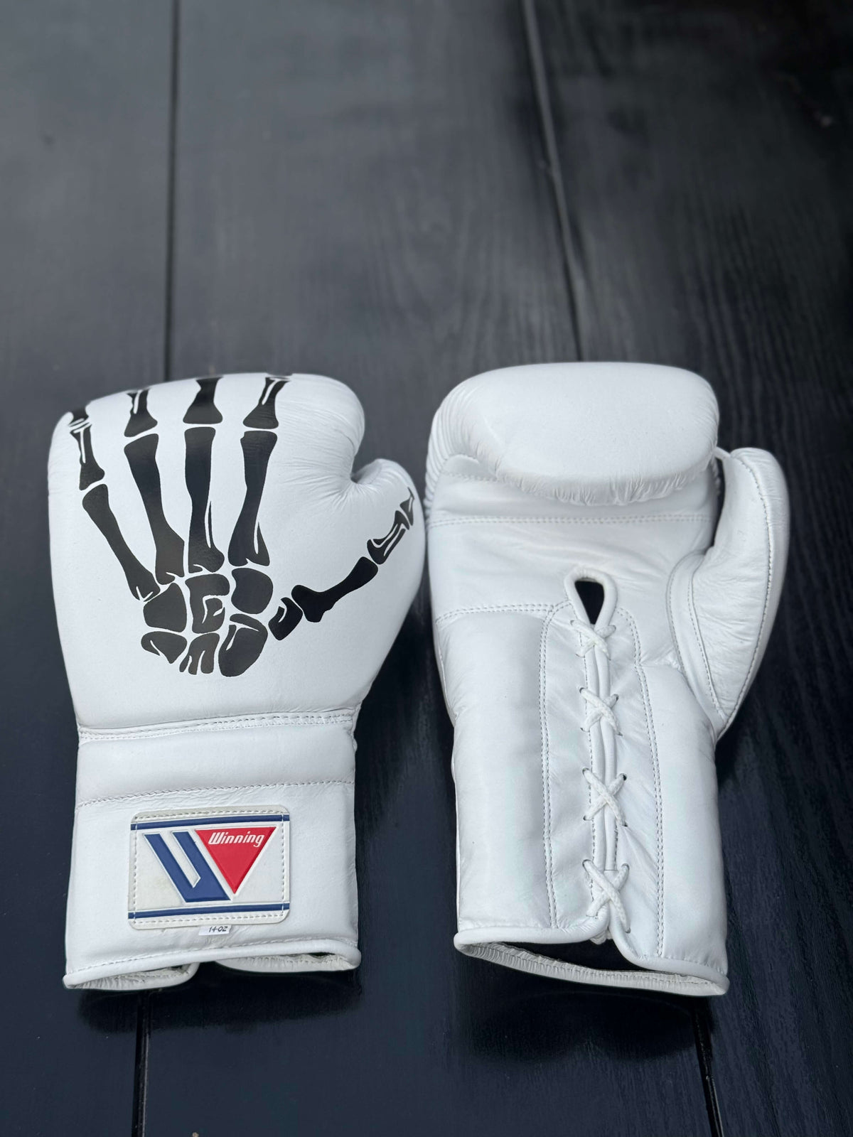 Winning Boxing Gloves White Skull Style Leather Training Gloves for Sparring Front & Back View