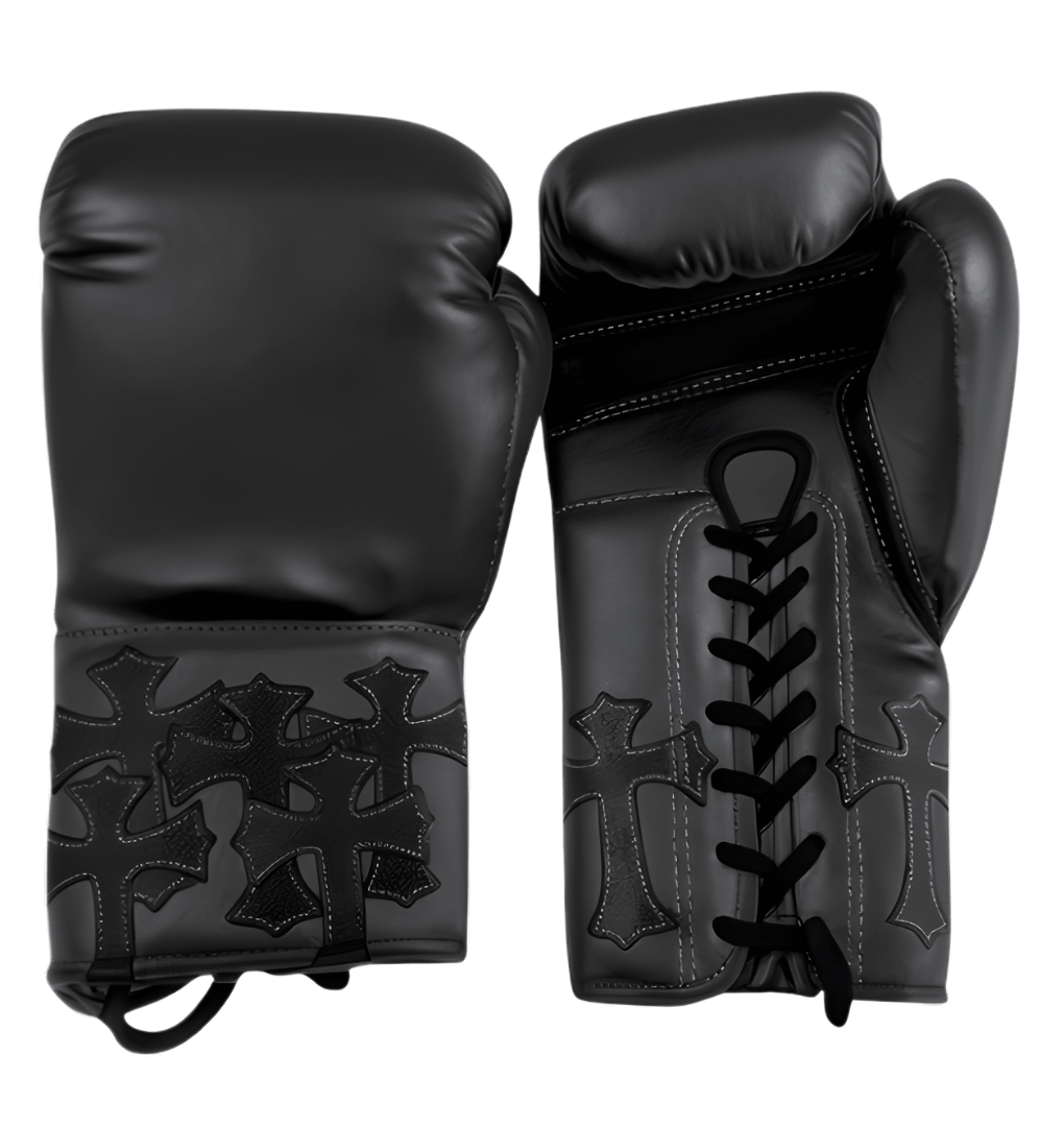 Winning Boxing Gloves Black Chrome Heart Style Lace Up Leather Gloves for Training