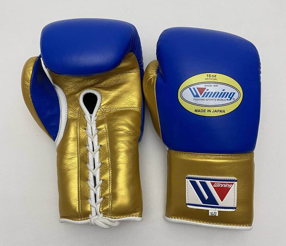 Winning Boxing Gloves Blue/Gold Lace Up Gloves Back View