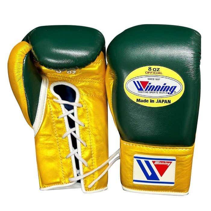 Winning Boxing Gloves Dark-Green/Gold Curved Leather Gloves for Sparring