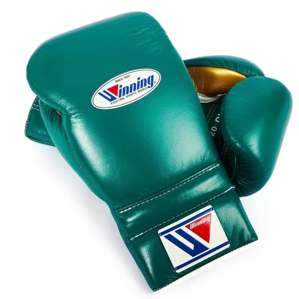 Winning Boxing Gloves Green/Gold Padded Leather Gloves Back View