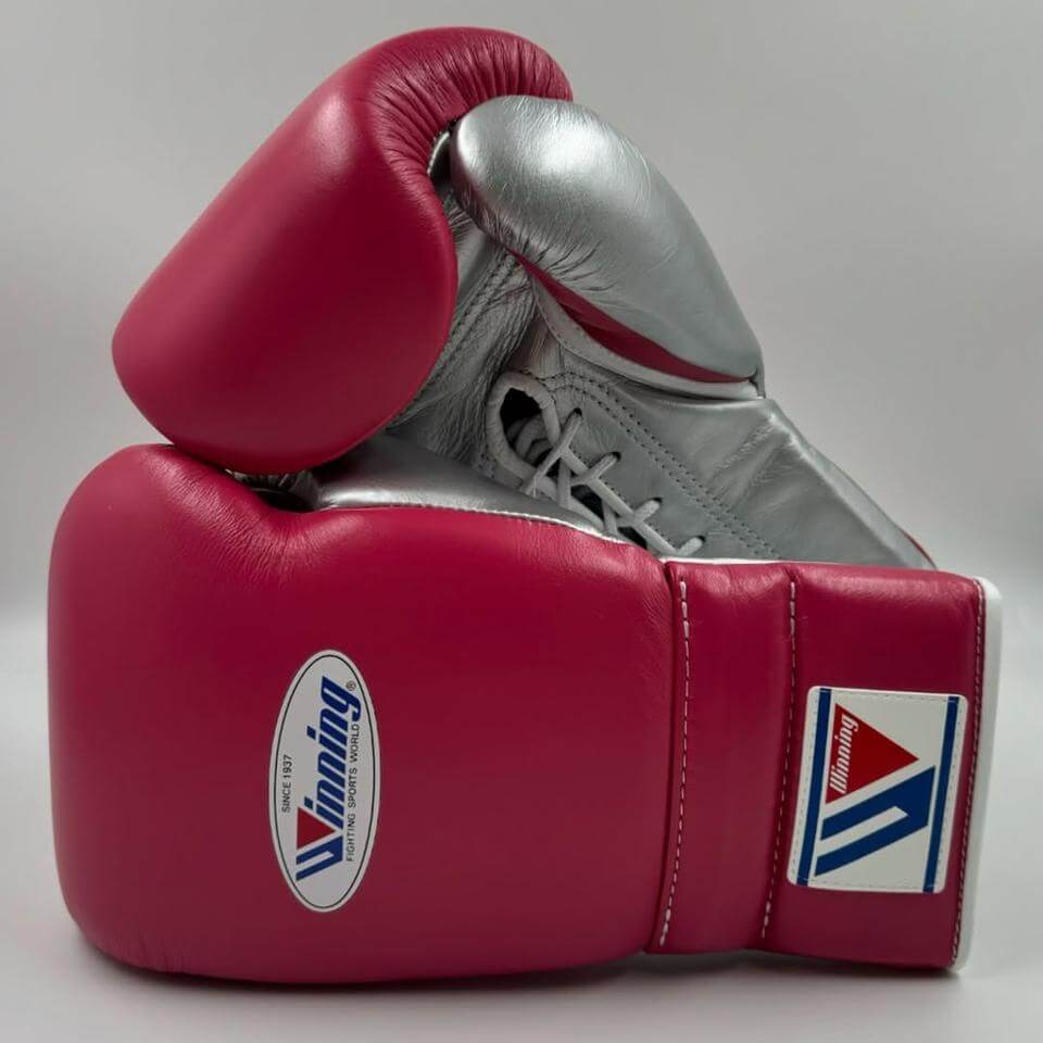 Winning Boxing Gloves Pink/Silver Leather Gloves Back View