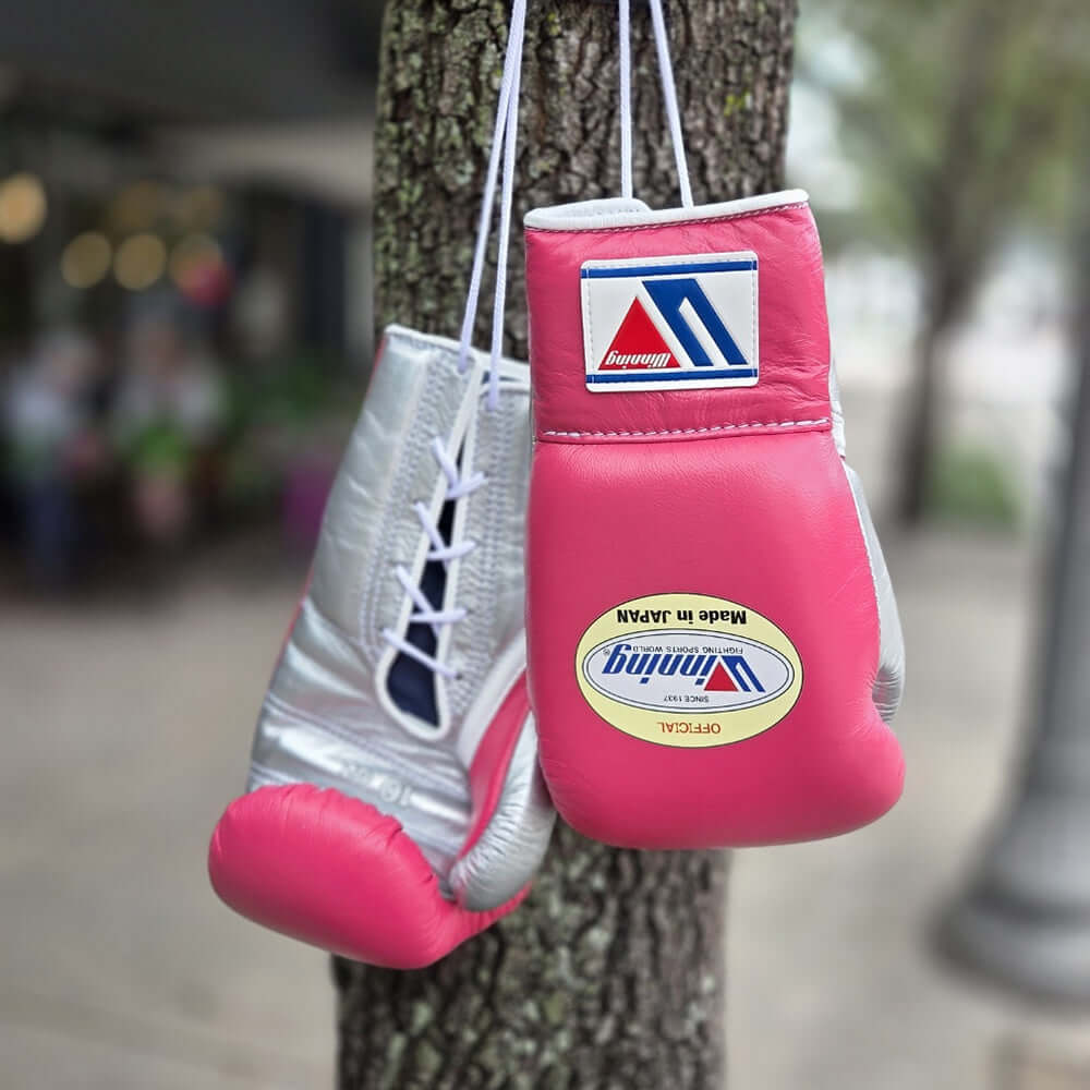 Winning Boxing Gloves Pink/Silver Leather Gloves for Fighting Practice