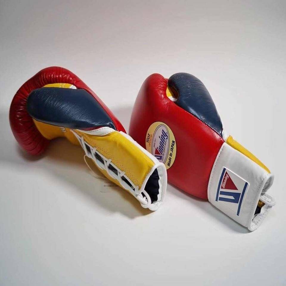 Winning Boxing Gloves Red/Yellow/White/Blue Padded Leather Gloves Side View