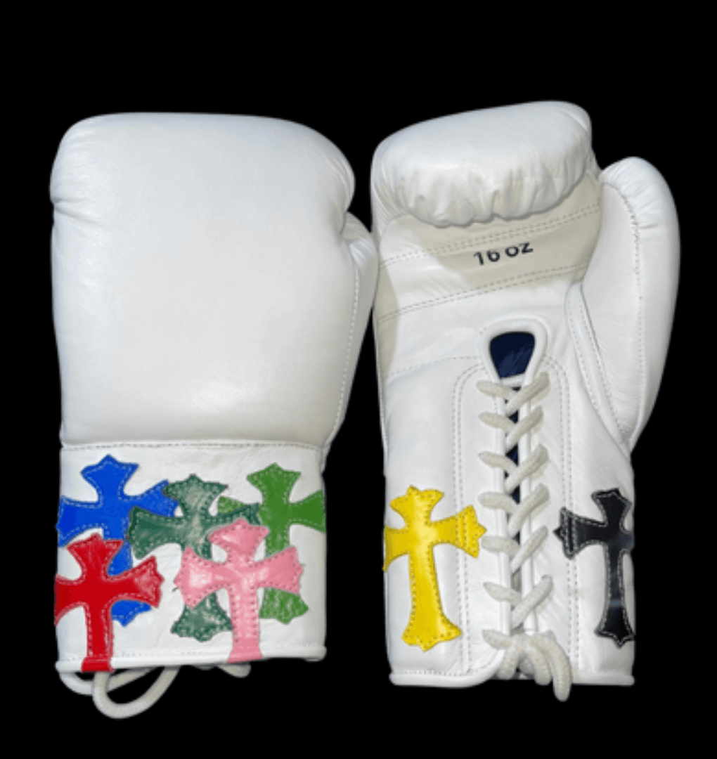 Winning Boxing Gloves White/Multi Chrome Heart Padded Leather Gloves for Heavy Bag Work