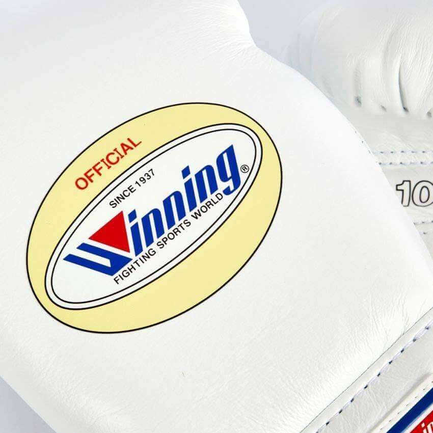 Winning Boxing Gloves White/Red Padded Leather Training Gloves Close View