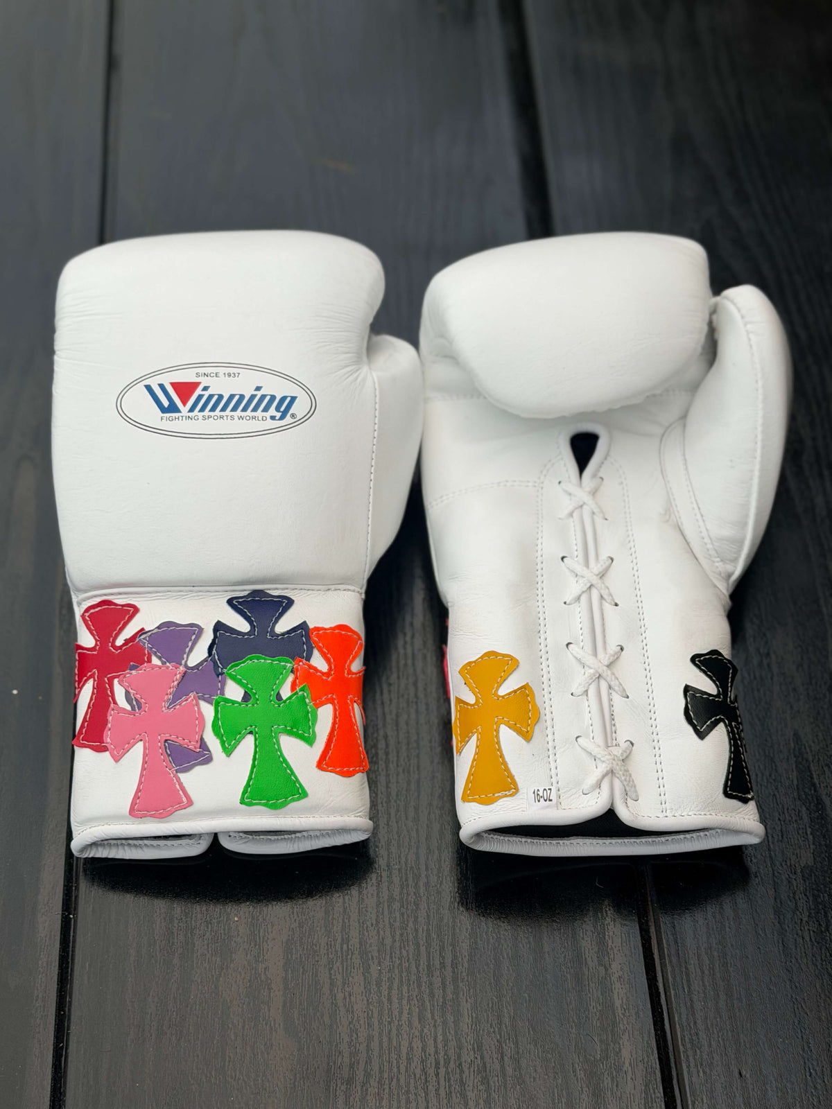 Winning Boxing Gloves White Chrome Heart Style Leather Training Gloves Front View