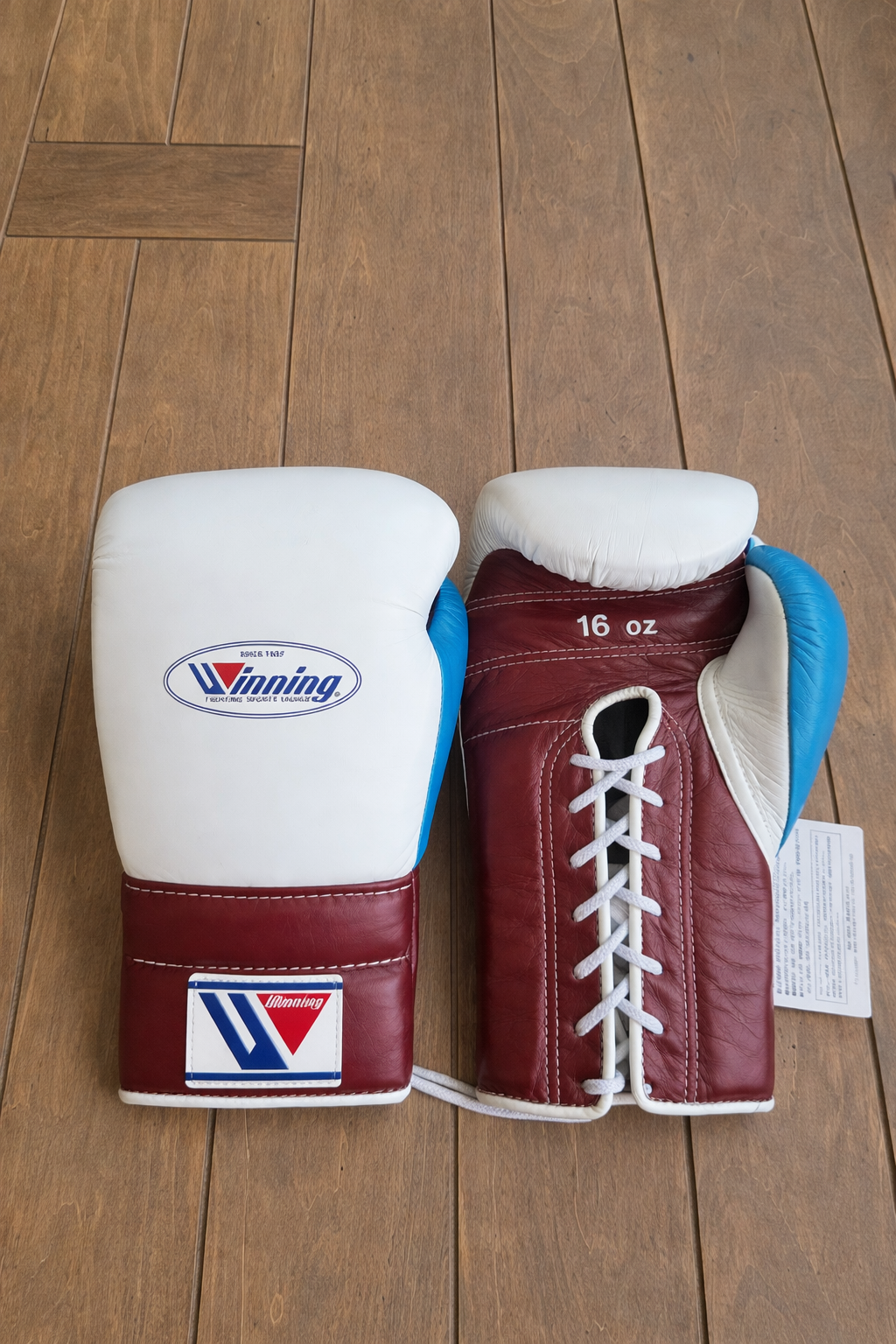 Winning Boxing Gloves White/Brown/Blue Training Gloves with Secure Wrist Strap