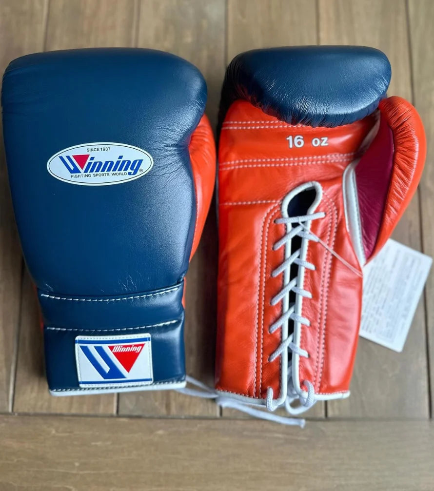 Winning Boxing Gloves Blue/Orange Lace Up Leather Gloves for Training