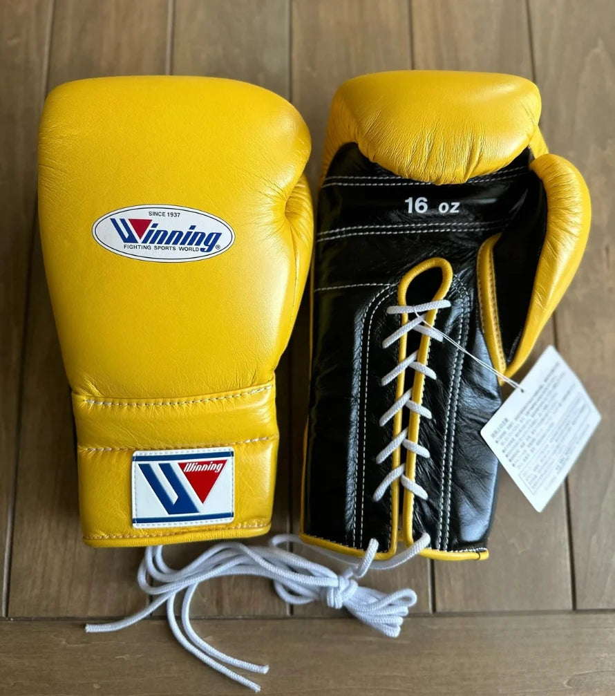 Winning Boxing Gloves Yellow/Black Lace Up Leather Gloves for Training