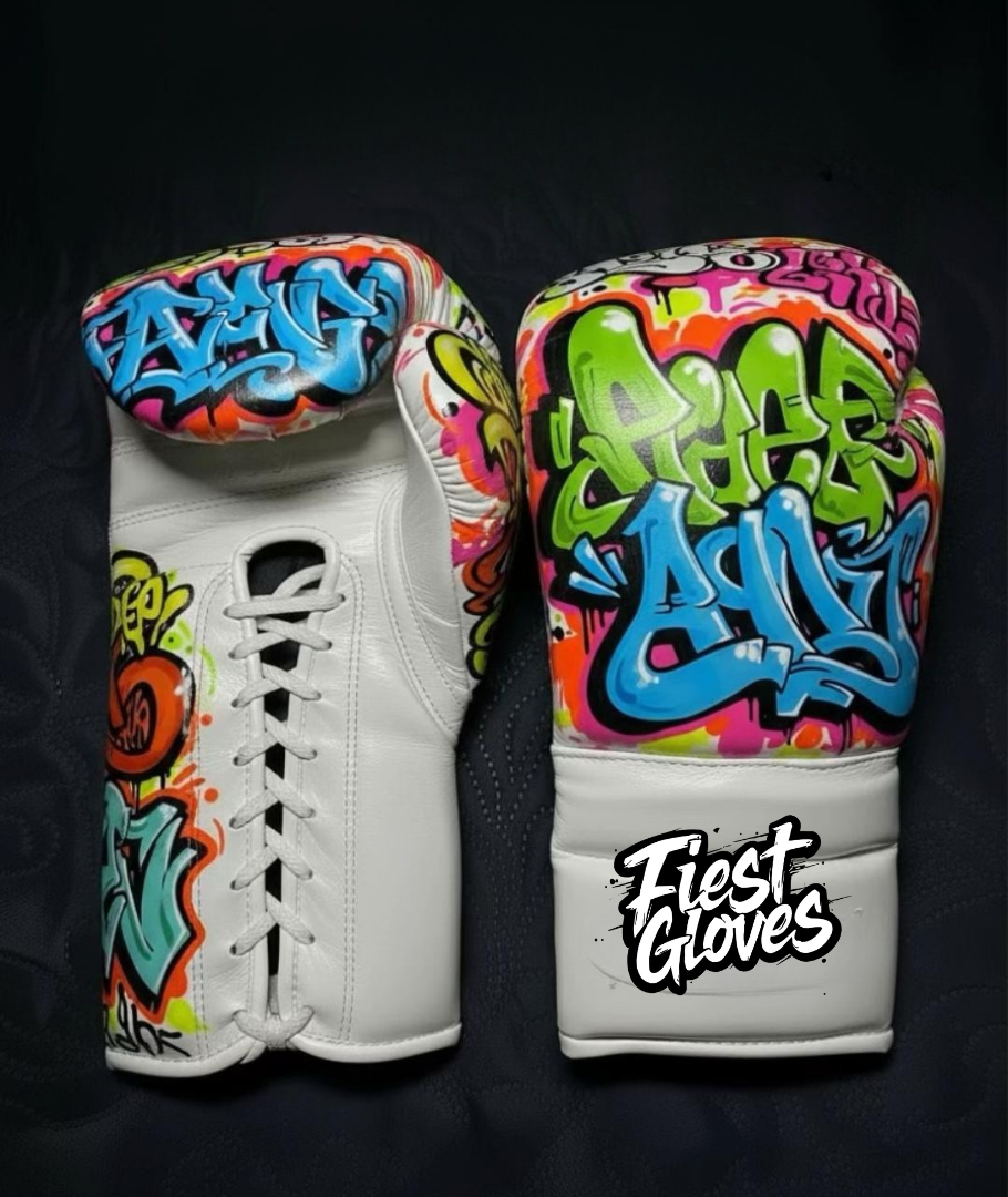 fiest lace up boxing gloves grafitti style white high quality training gloves