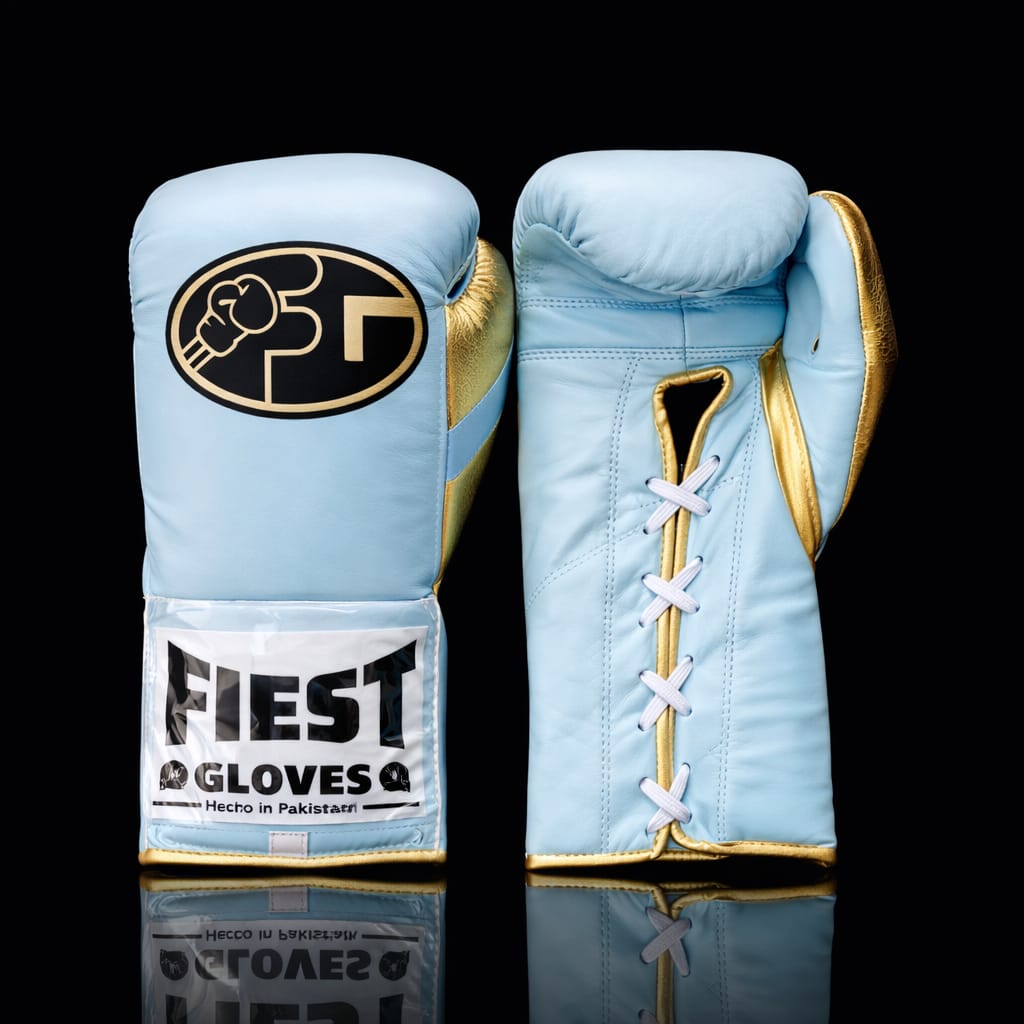 Fiest boxing gloves lace up sky blue gold premium training gloves