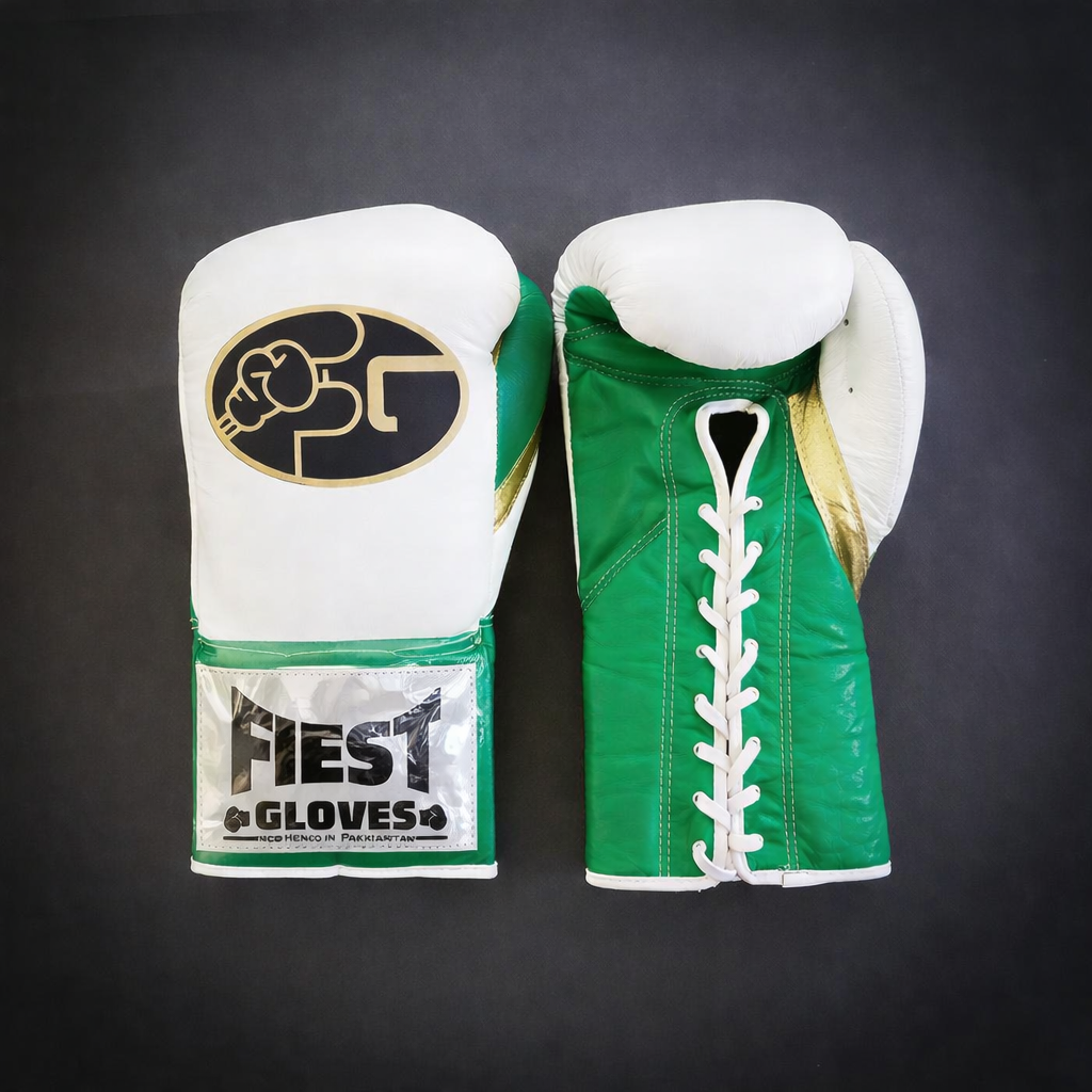fiest lace up boxing gloves white green gold high quality training gloves