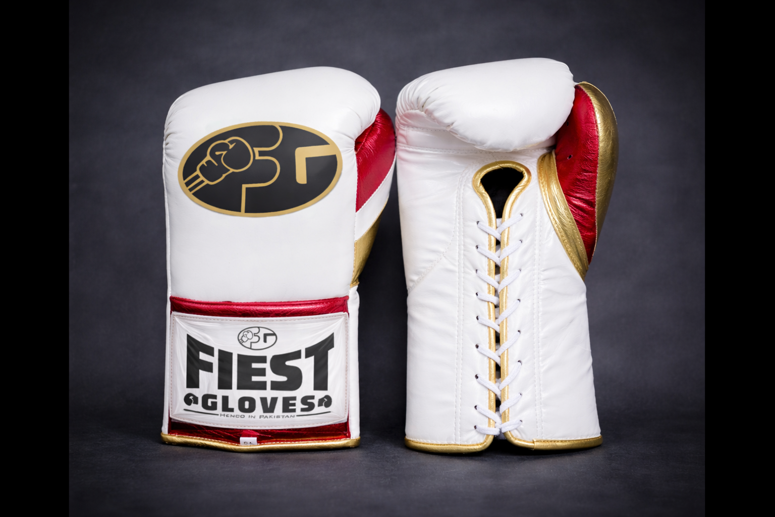 premium boxing gloves lace up white red gold fight gear