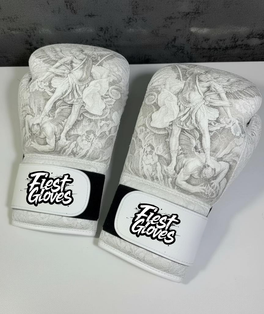 fiest boxing gloves grafitti-style white-grey for heavy bag and sparring