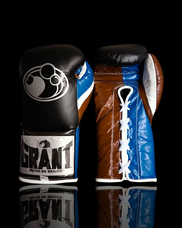 grant boxing gloves black/blue/brown front view lace up high quality sparring gloves
