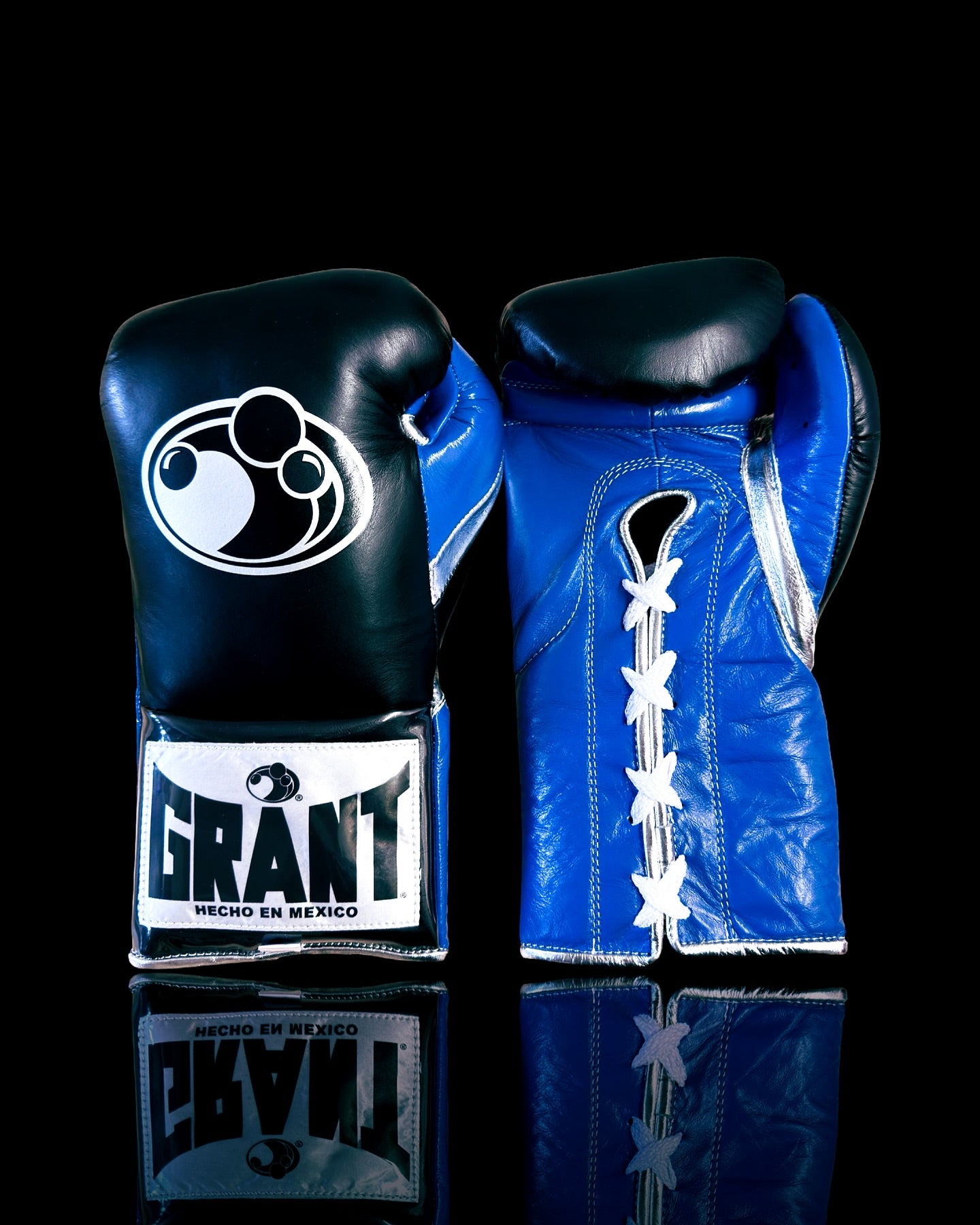 grant boxing gloves black/blue/silver front view professional boxing gear premium quality