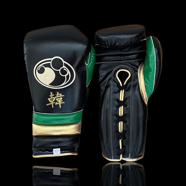 grant boxing gloves black/green/gold front view lace up high quality sparring gloves