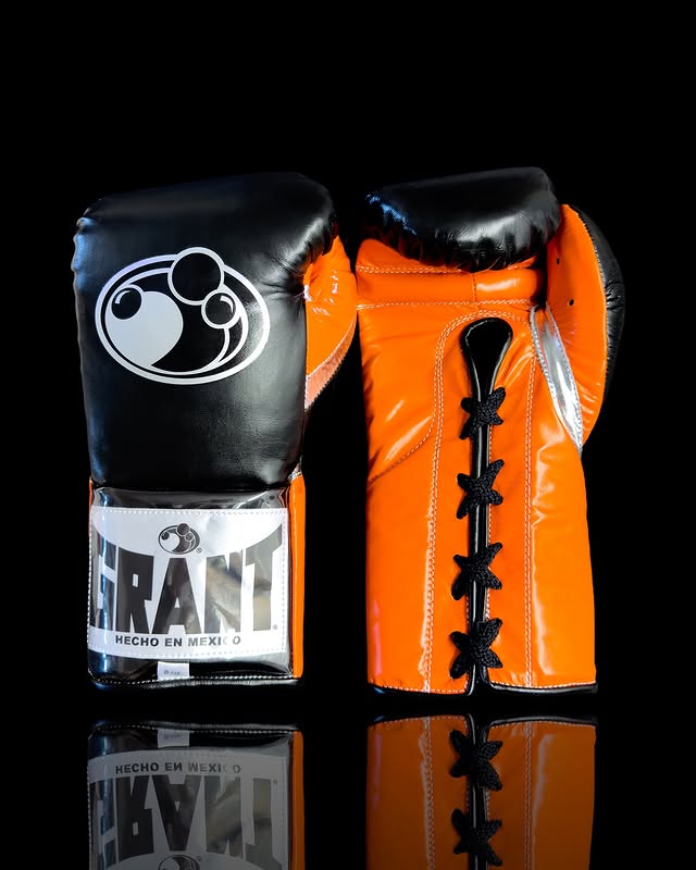 grant boxing gloves black/orange/silver front view high quality lace up boxing gloves