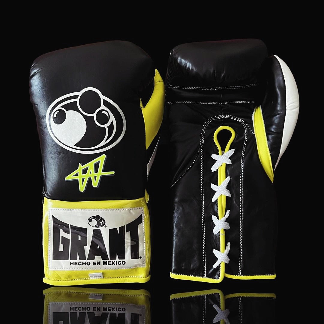 grant boxing gloves black/yellow front view lace up high quality sparring gloves