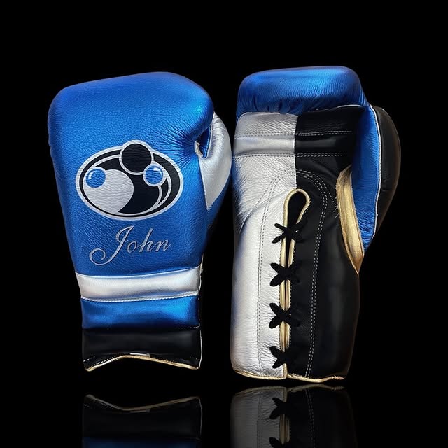 grant boxing gloves blue/black/white/gold front and back view premium leather fight gear