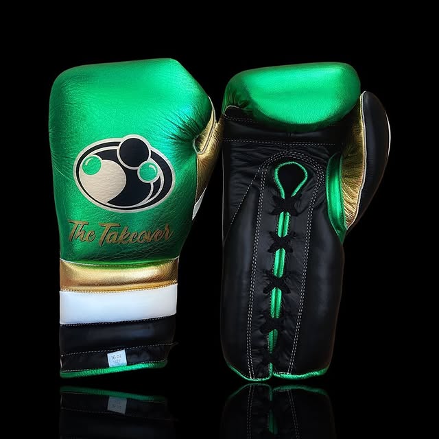 grant boxing gloves green/black/gold/white front and back view premium leather professional training gloves