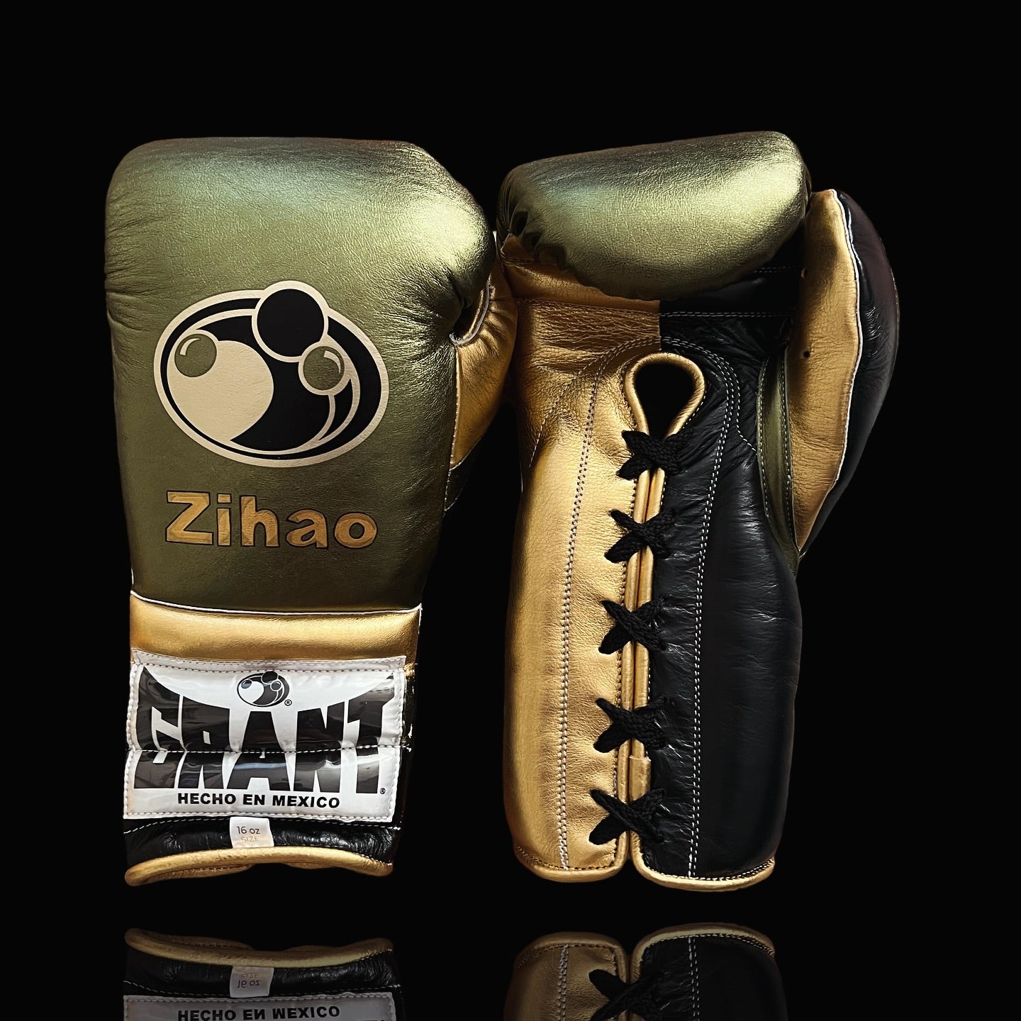 grant boxing gloves green/gold/black front view premium leather professional training gloves