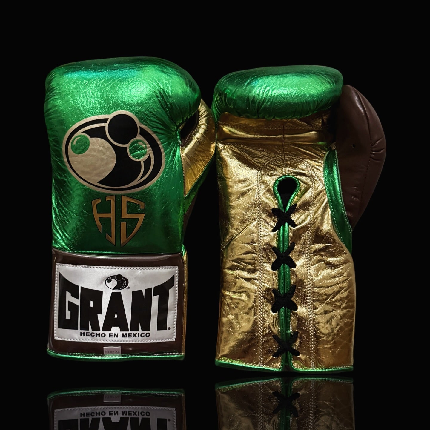 grant boxing gloves green/gold/brown front view premium leather fight gear