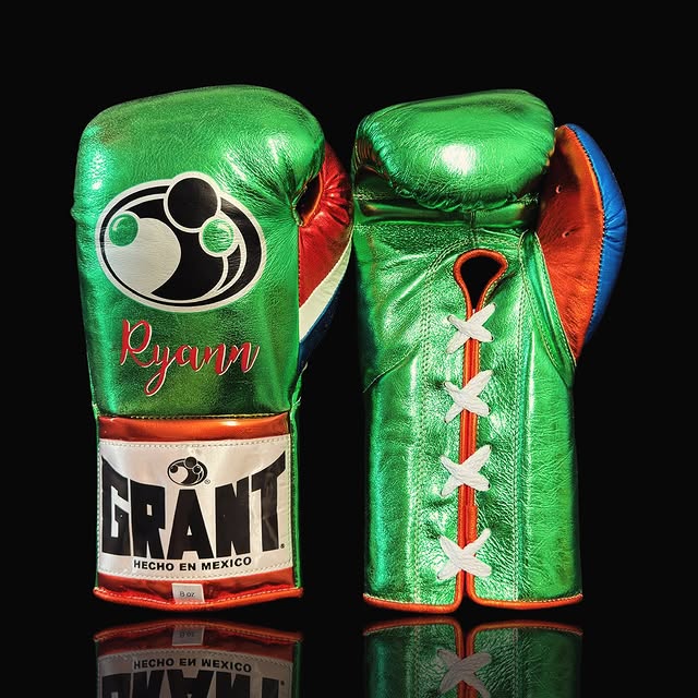 grant boxing gloves green/orange-blue front view custom training gloves for boxing
