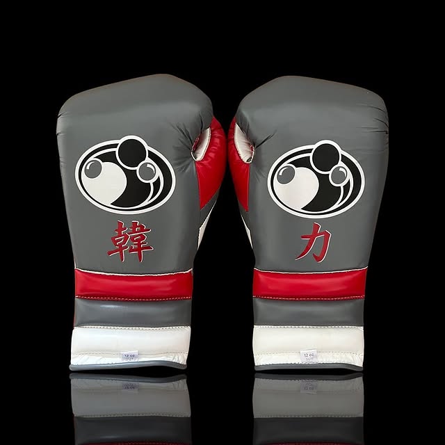 grant boxing gloves grey/red/white back view custom name boxing training gloves
