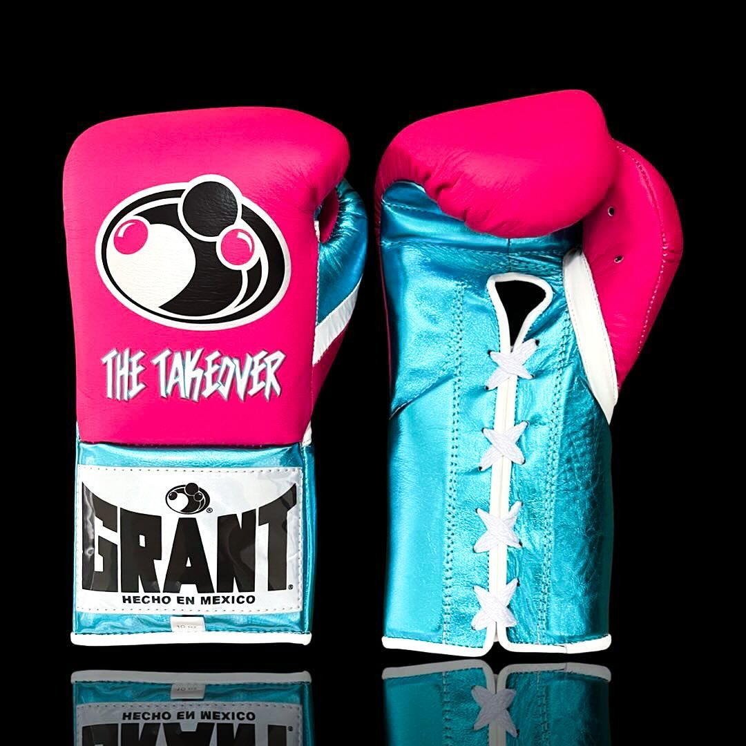 grant boxing gloves pink/blue/white front view premium leather fight gear