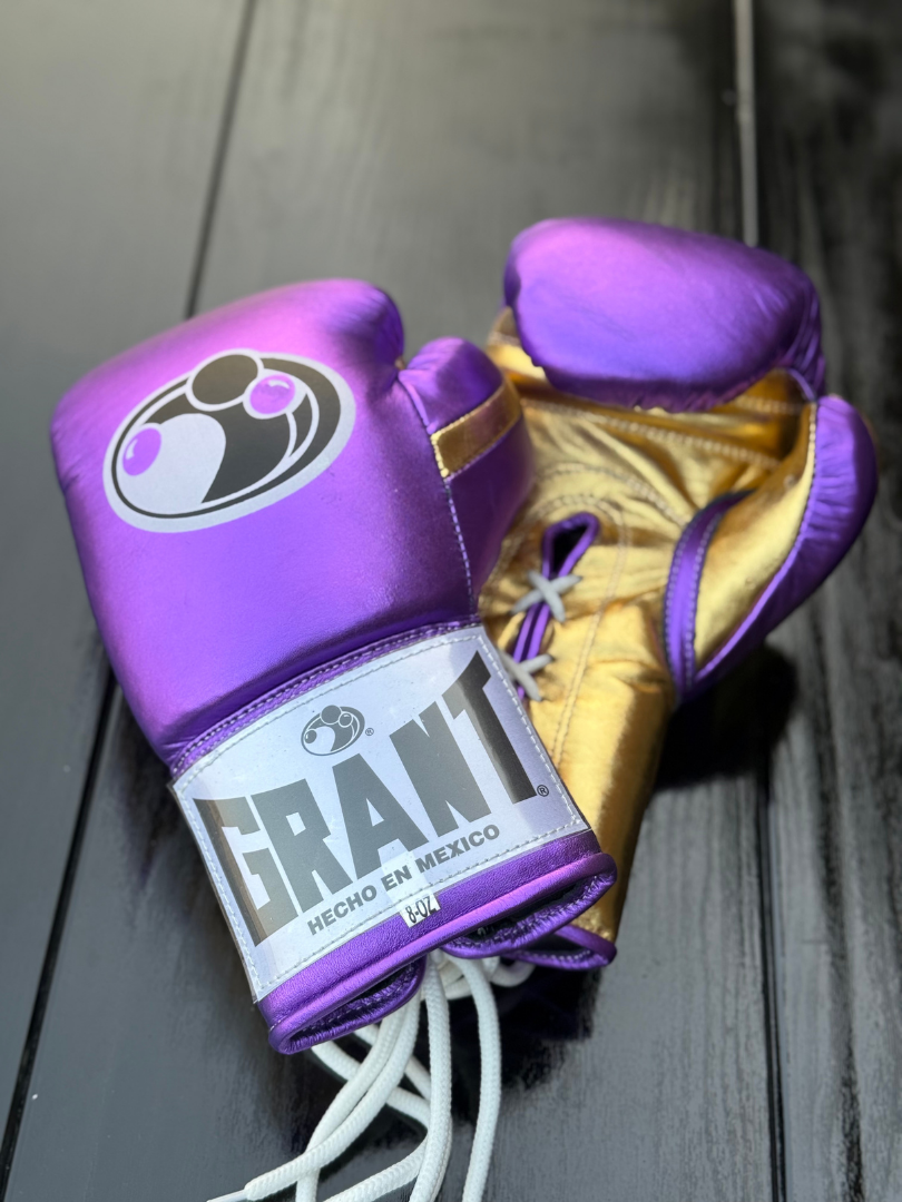 grant boxing gloves purple/gold back and front view high quality lace up boxing gloves
